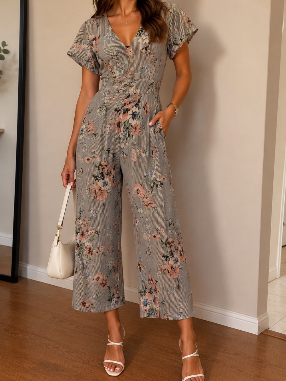 Floral V-Neck Wide-Leg Jumpsuit in Gray with Pink Bloom (SMALL)